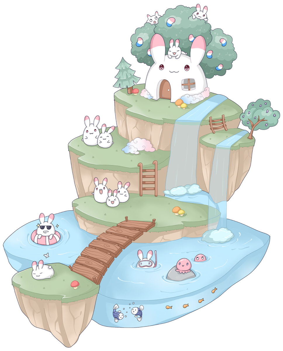 Fluffle bunnies relaxing on a floating island with waterfalls