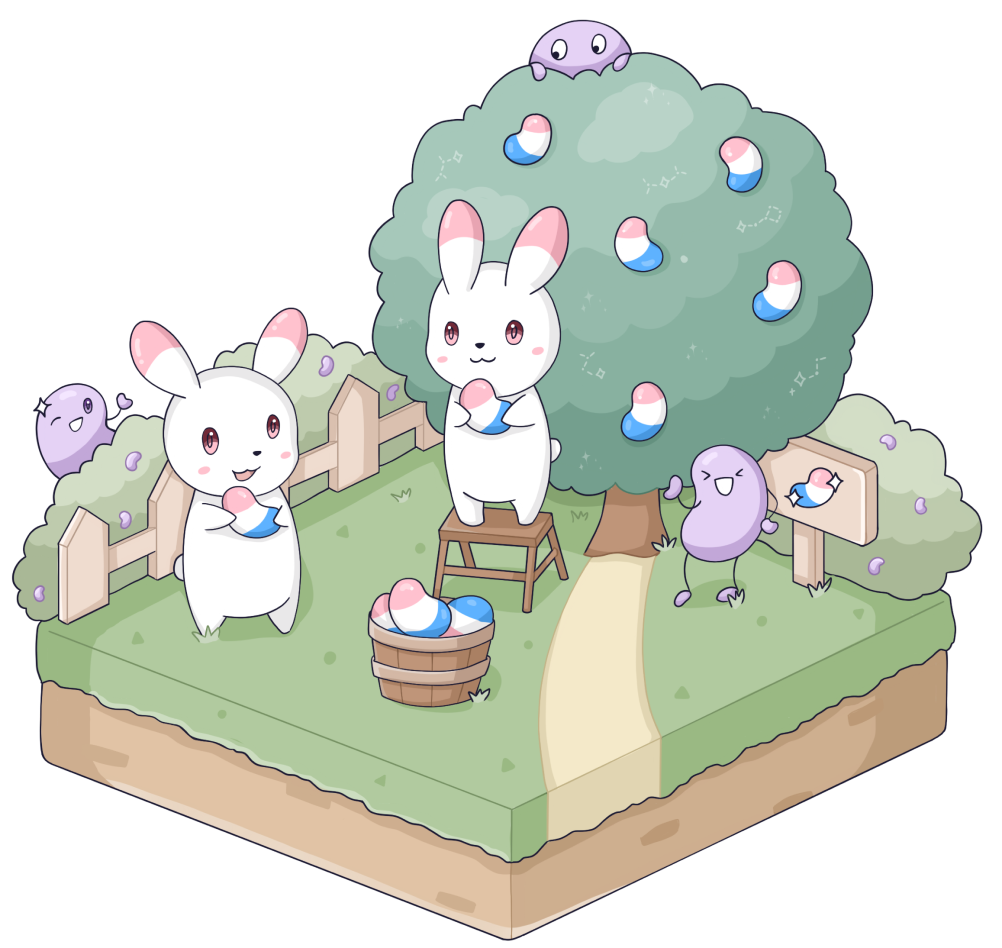 Fluffle bunnies picking jelly beans from a tree and gathering them in a basket